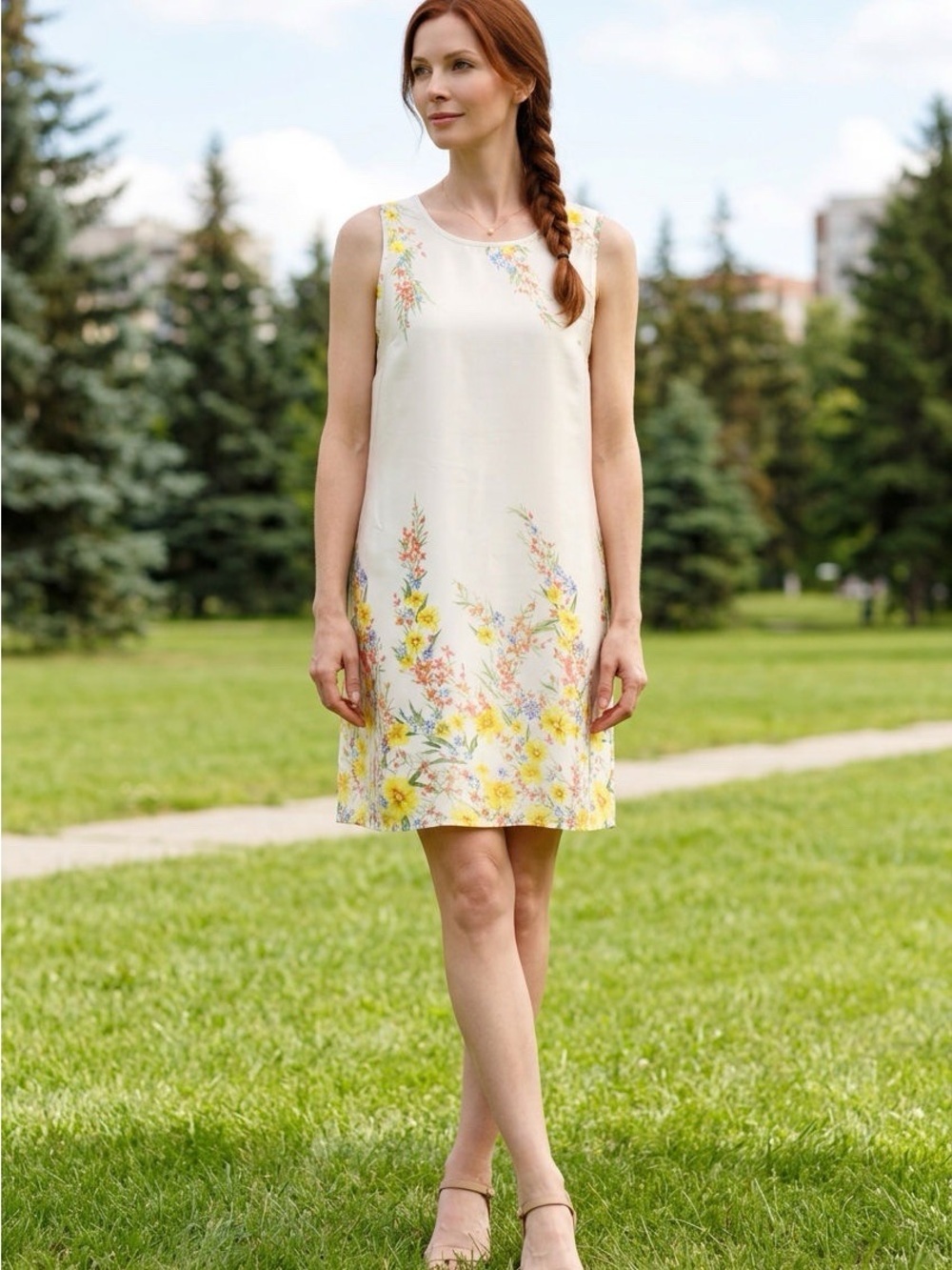 2357 - Smart Set Floral Satin Shift Dress | Cream/Off-White Wildflower Print S
